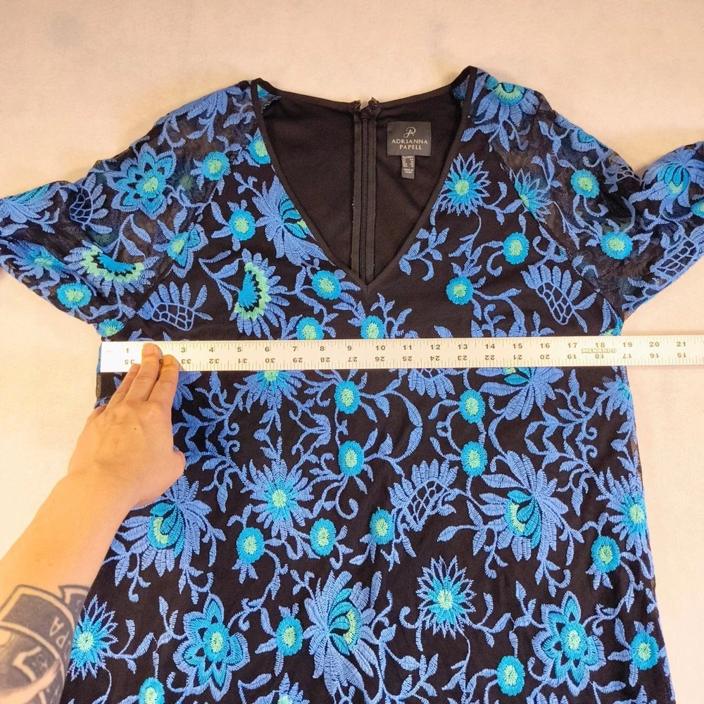 Adrianna Papell Black Blue Embroidered Floral Cocktail Party Dress Size 12 - Picture 10 of 11